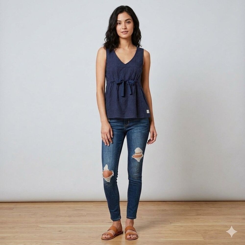 Odd Molly Anthropologie Floral Embroidered Blouse Tank Top Blue XS-0 224258
